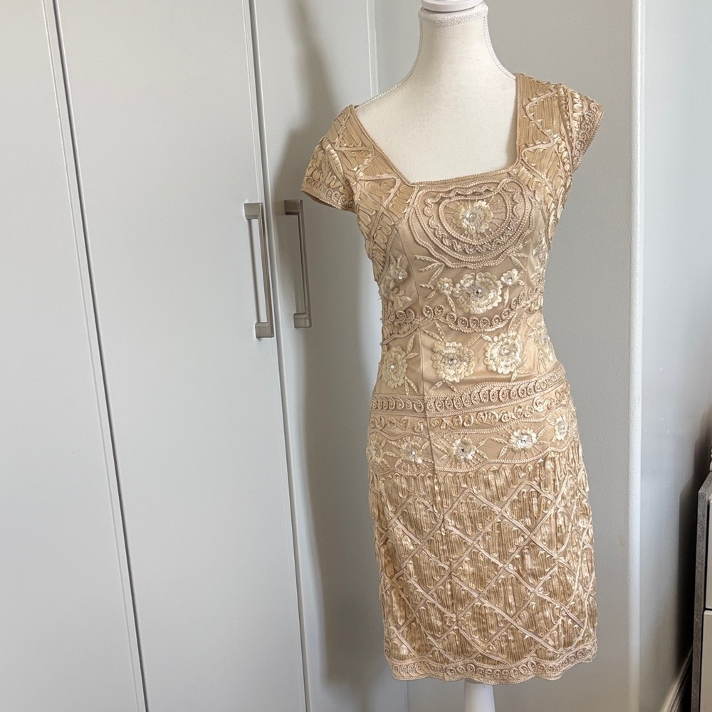 Sue Wong Beige Lace Mini Dress